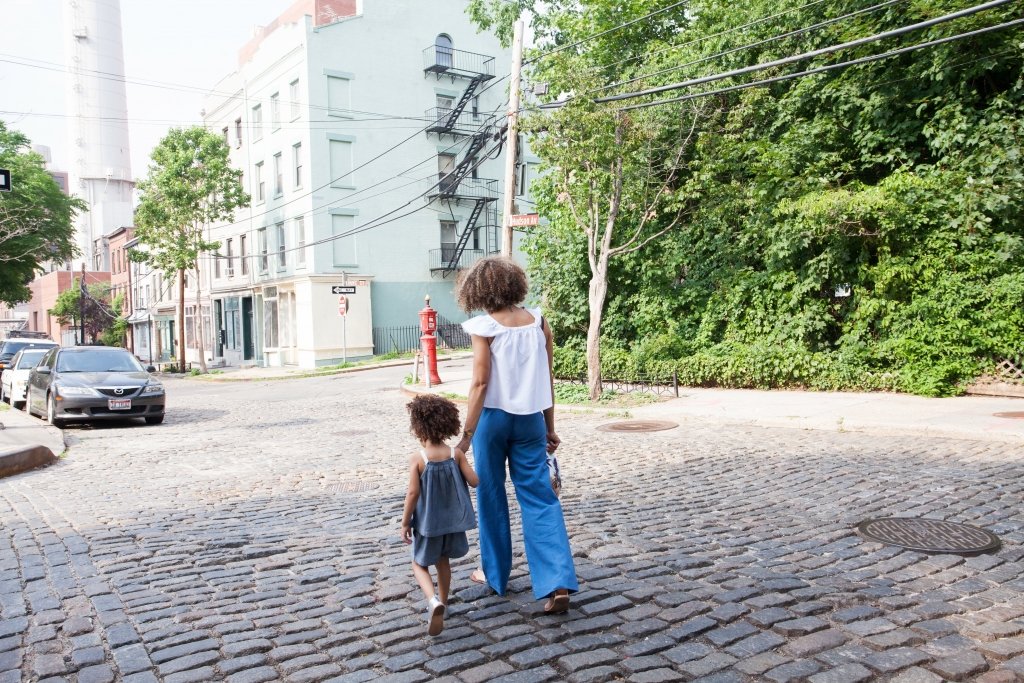  mom and daughter on street 