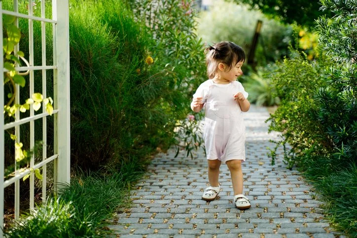 Toddler walking alone along a garden path