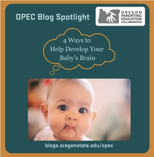Baby making a playful face in a graphic promoting baby brain development tips